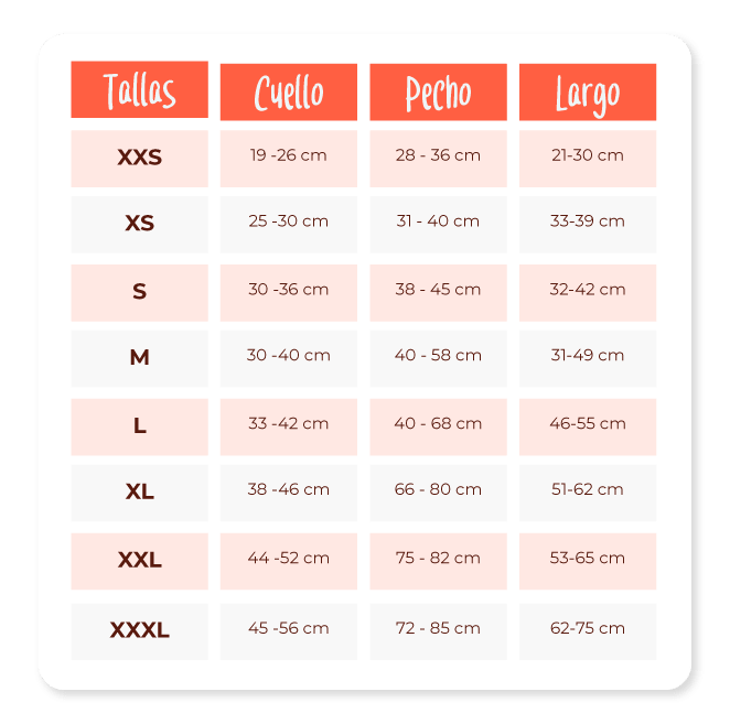 Tabla de tallas por medida de cuello, pecho y largo